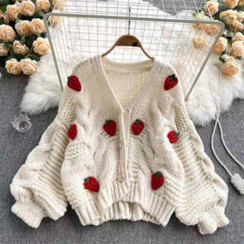 Strawberry White Lady Knitting Girl Woman Blouse Shirt Won