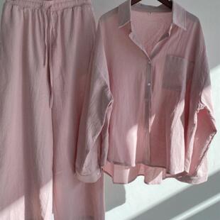 Ladies 2 Piece Set Cotton Linen Shirt Suit Loose Pants套装