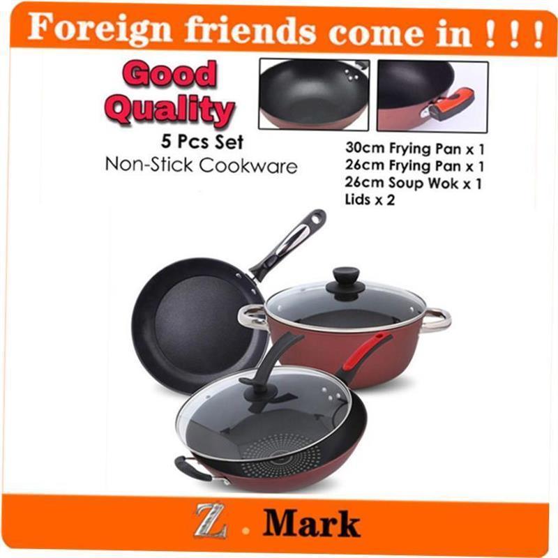 Set of 5 Non Sti Cookware Flying Pan Soup Wok With Lids