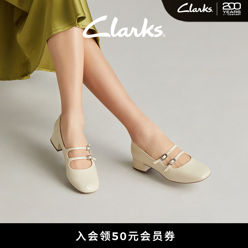 clarks银色玛丽珍鞋女鞋粗跟舒适