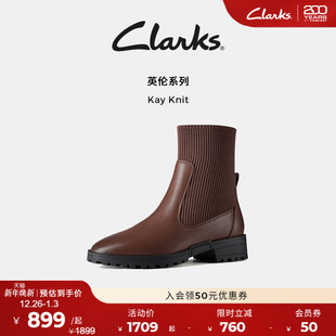 Clarks其乐Kay 女靴英伦风弹力厚底拼接中筒休闲袜靴 Knit秋冬新品