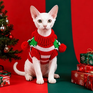 秋冬圣诞条纹毛衣猫咪衣服德文无毛猫布偶金银渐层宠物狗狗小型犬