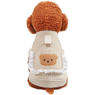 狗狗衣服猫咪宠物春秋泰迪比熊博美幼犬粉色格子情侣装可牵引裙子