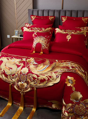 120支高端中式婚庆四件套长绒棉刺绣全棉被套结婚大红色陪嫁床品4