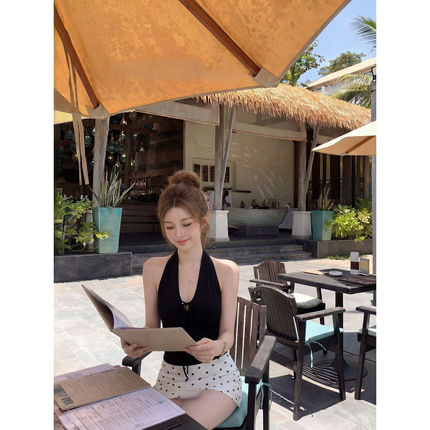 气质感系带挂颈背心+波点短裙两件套女夏季辣妹性感露背纯欲套装