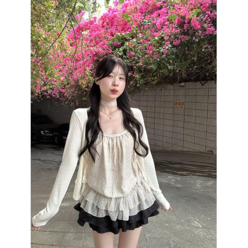 kumikumi温柔风杏色针织开衫女春季波点木耳边显瘦吊带背心两件套