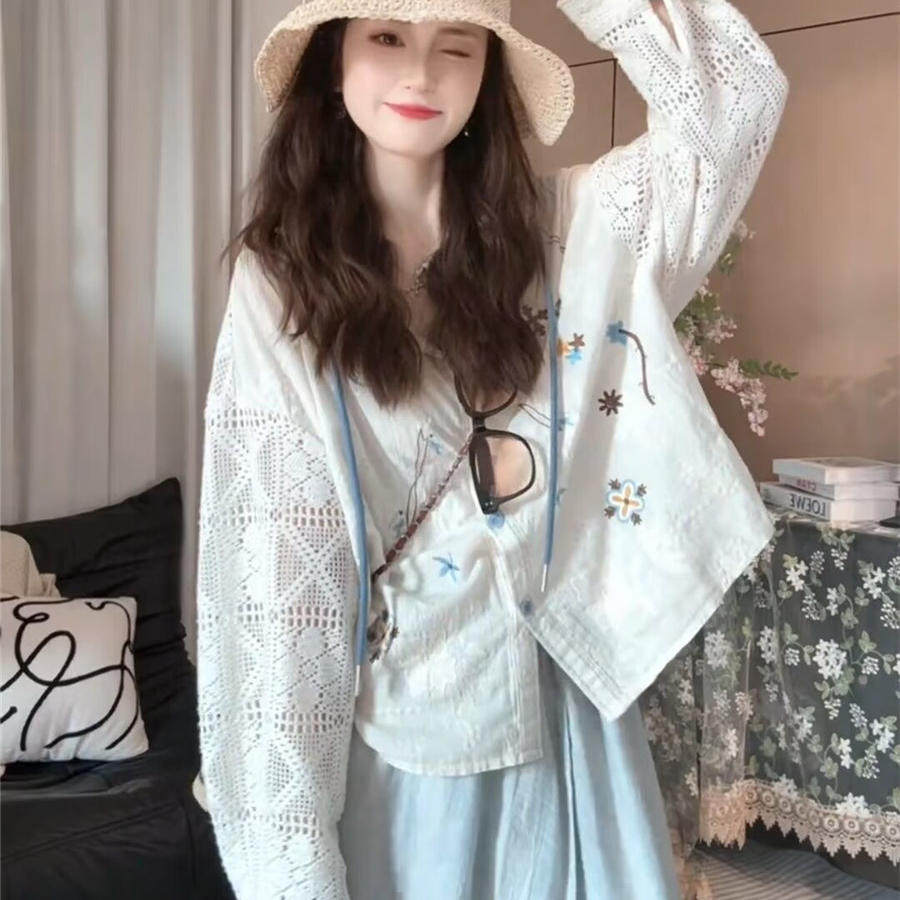 连帽刺绣防晒衣衬衫外套女薄款2026夏季新款休闲宽松外搭开衫上衣