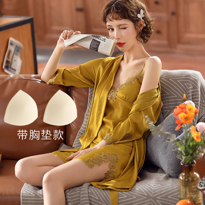 睡衣女士性感吊带春秋款睡裙薄款冰丝网红睡袍两件套装冰丝绸夏季