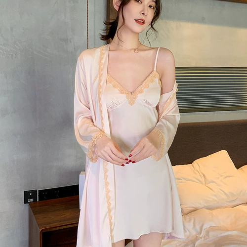 Сексуальная осенняя шелковая пижама, тонкий поддерживающий топ с чашечками для взрослых, банный халат, комплект, эффект подтяжки