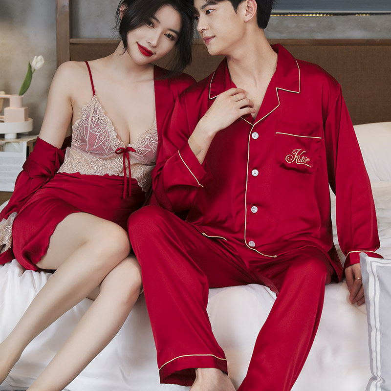 情侣睡衣女结婚红色春秋冰丝吊带晨袍性感丝绸两件套装男结婚睡袍