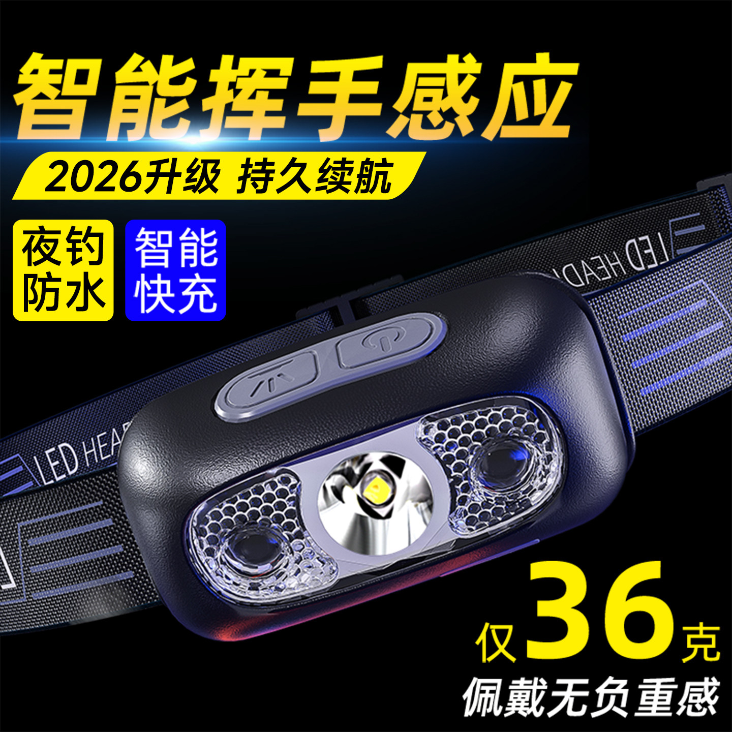 夜钓感应头灯头戴式强光充电超亮钓鱼专用长续航led户外登山新款