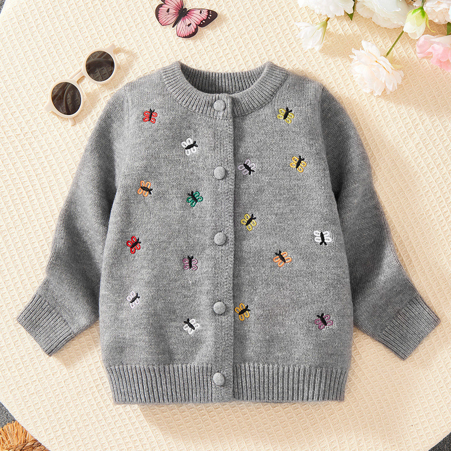 女童针织开衫2026春秋装新款韩版洋气上衣宝宝刺绣蝴蝶毛衣外套