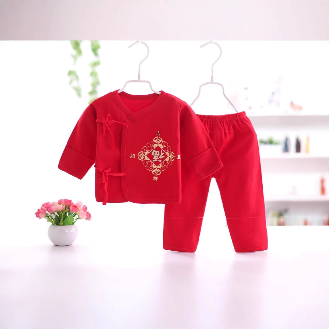 新生婴儿红色绑带套装宝宝纯棉内衣系带和尚服满月新年服中国风