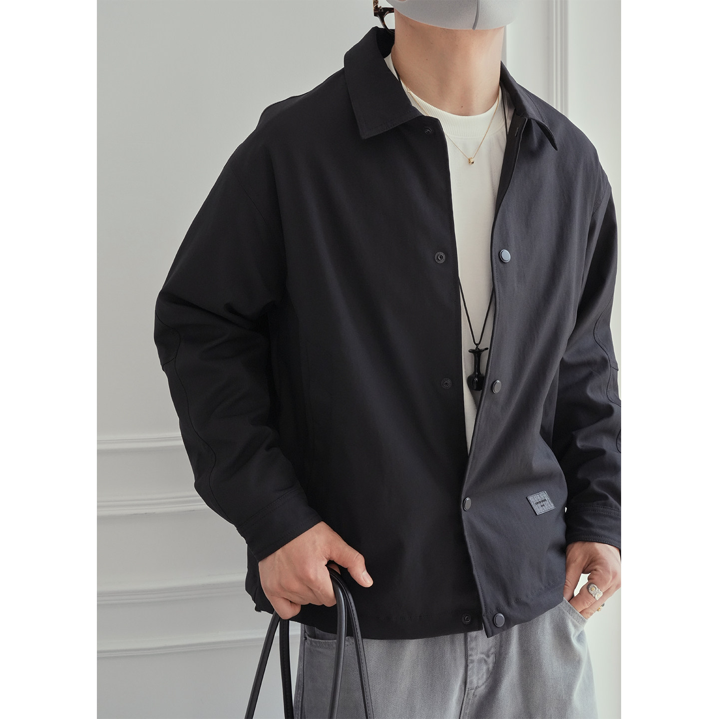 港风休闲贴布轻商务翻领夹克男士早秋潮流新款简约纯色高级感外套,男装,夹克,淘宝优惠券,粉丝福利购,淘宝优惠卷