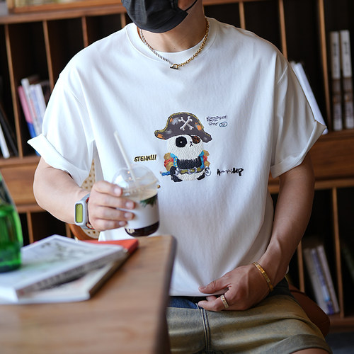 美式休闲植绒印花宽松短袖T恤潮