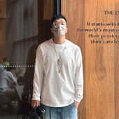 港风重磅纯棉白色长袖 T恤男春秋休闲百搭纯色宽松圆领打底衫 上衣