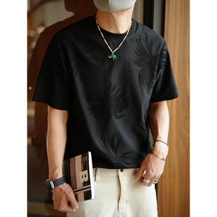 日系复古精工暗纹雕花设计短袖T恤男夏季新款潮牌宽松痞帅圆领衫