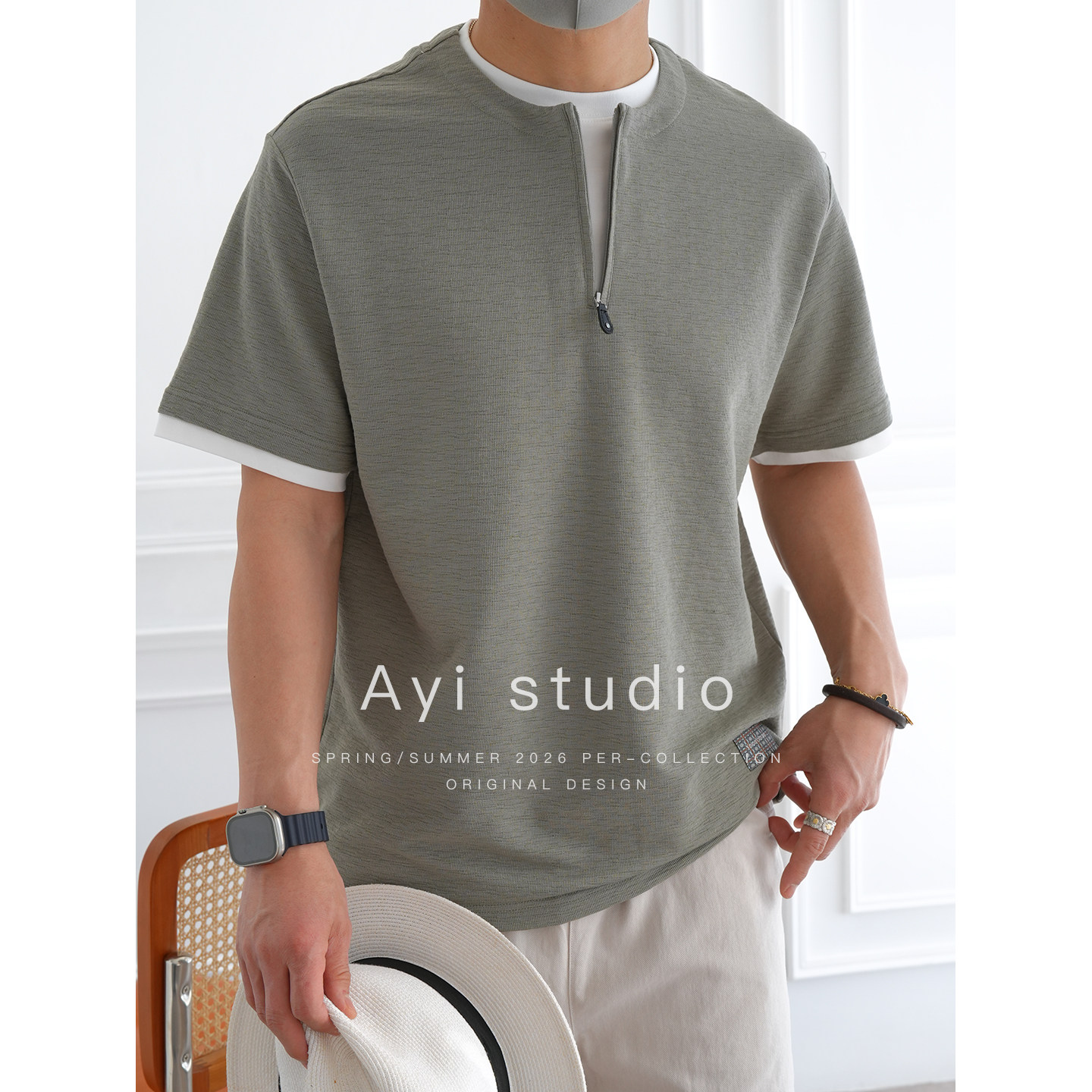 韩版轻奢半拉链拼色假两件短袖T恤男春夏新款潮牌竹节棉圆领上衣