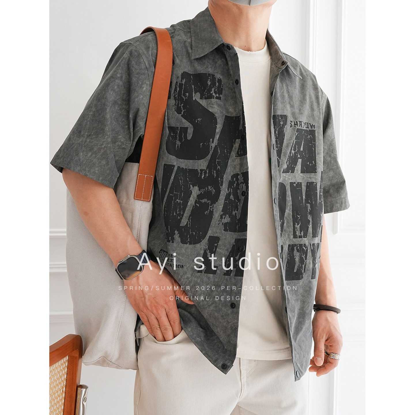 美式户外斑驳感字母印花短袖衬衫男士春夏新款潮牌街头风翻领上衣