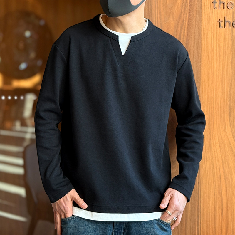 美式复古双层领撞色假两件打底衫