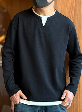 美式复古双层领撞色假两件长袖T恤男秋冬新款潮牌个性痞帅打底衫