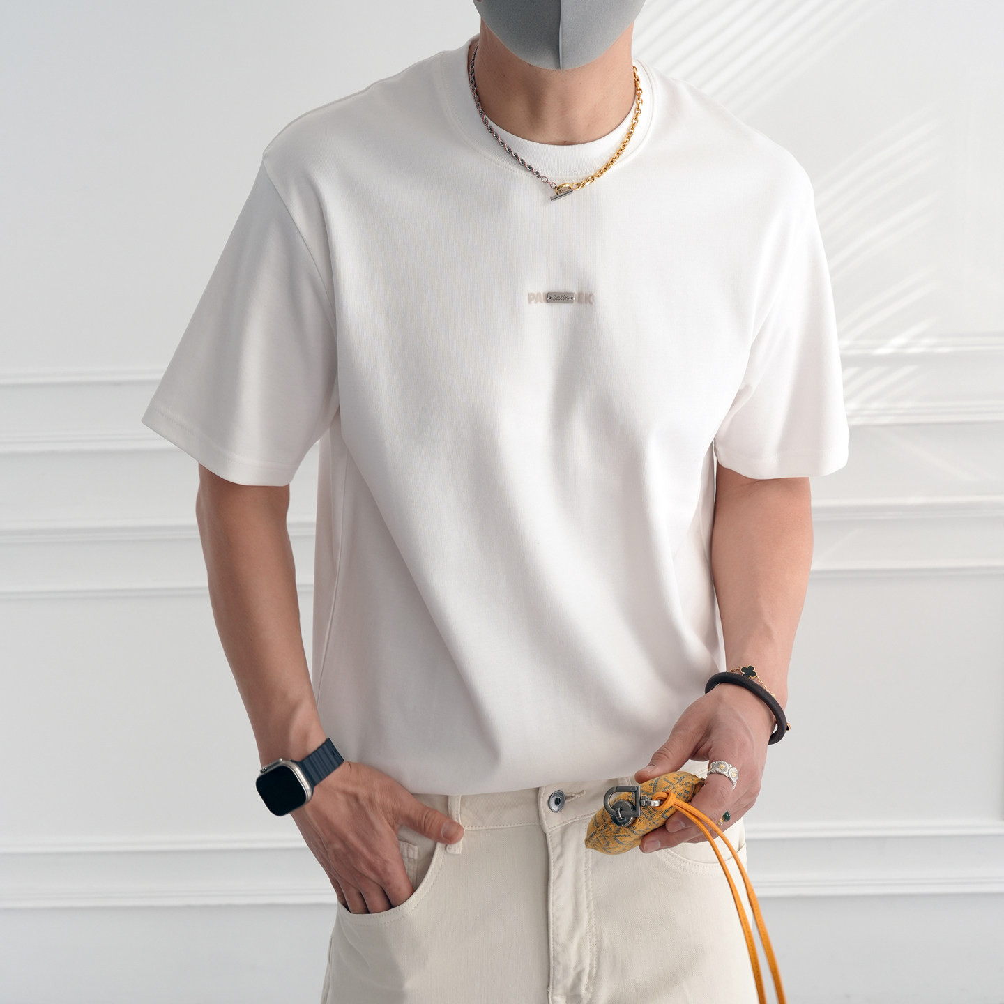 港风极简设计竖暗纹金属标短袖T恤男春夏新款潮牌宽松百搭圆领衫