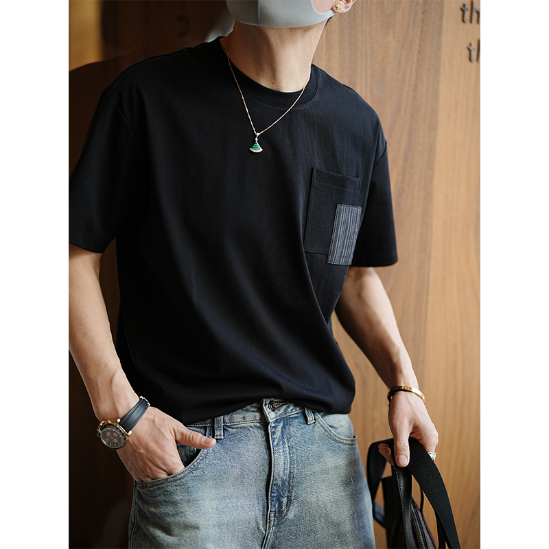 韩版不对称条纹贴布口袋短袖T恤