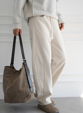 港风潮牌立体剪裁纯色针织卫裤男秋季新款老钱风松紧腰抽绳弯刀裤