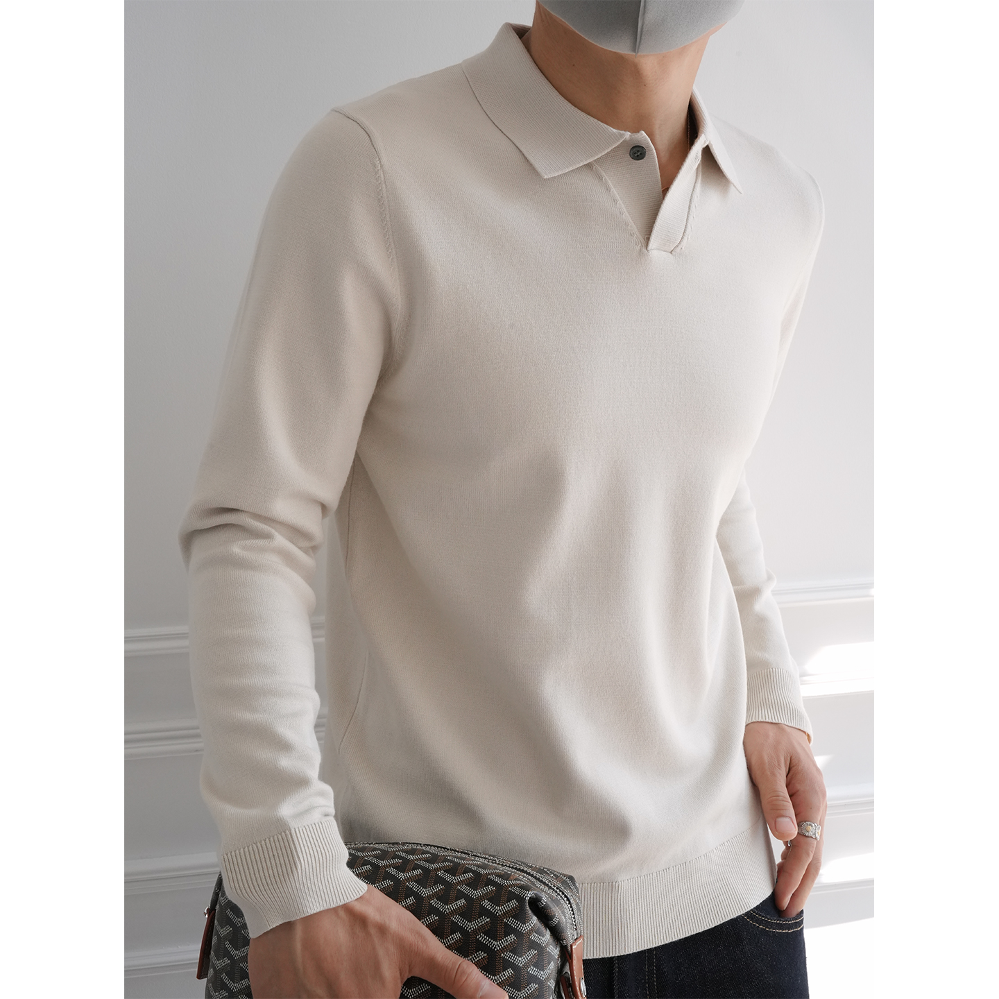 日系复古时尚轻奢剪刀领纯色针织衫男秋冬潮流新款老钱风套头毛衣