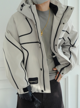 美式户外撞色胶印线条连帽羽绒服男冬季新款潮牌白鸭绒冲锋衣外套