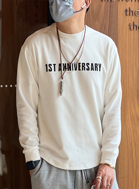 秋冬季内搭白色圆领长袖t恤潮流美式字母双面绒男士打底衫体恤潮