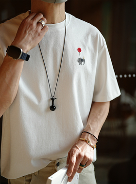 韩版极简风卡通小象刺绣纯色短袖T恤男夏季潮流情侣款圆领打底衫