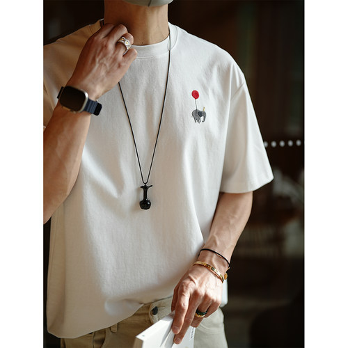 韩版极简风卡通小象刺绣短袖T恤