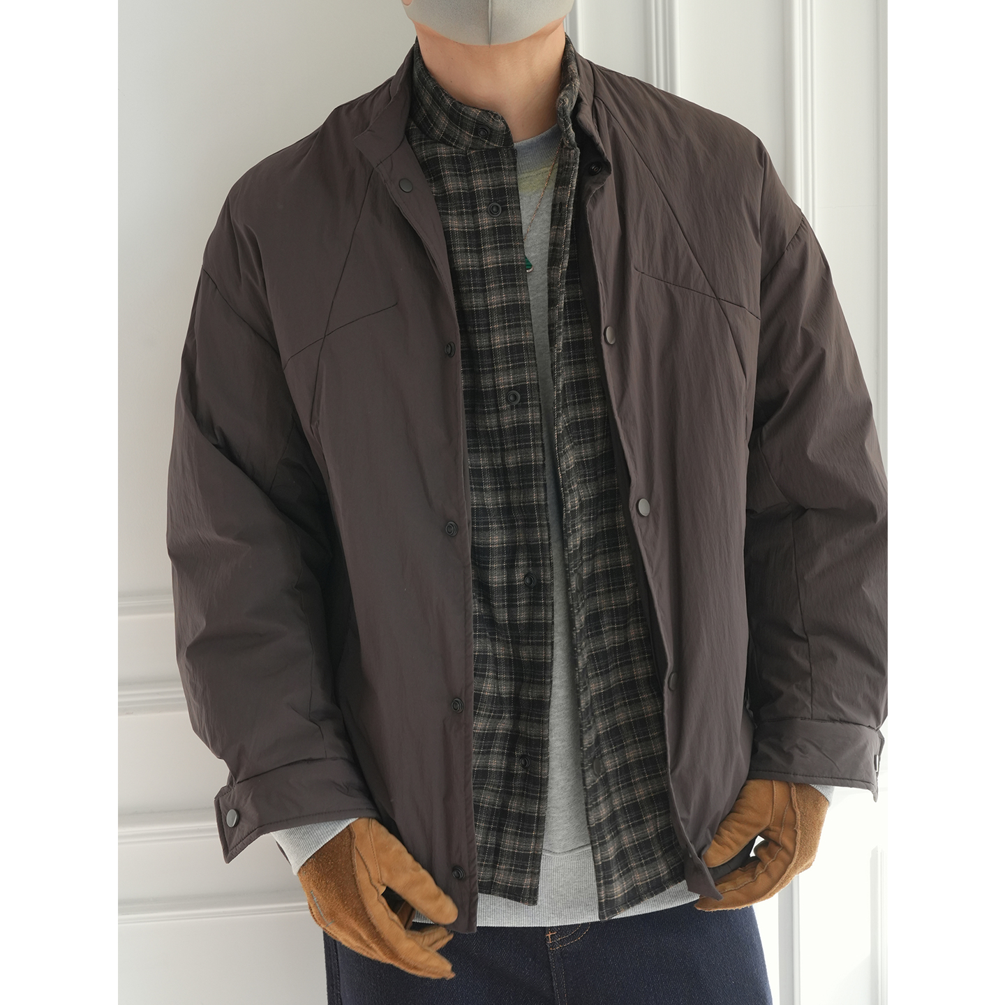 日系复古格子内衬假两件羽绒服潮