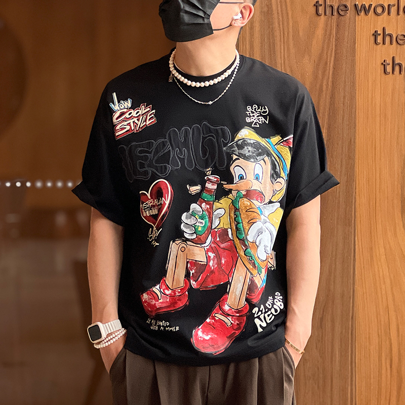 美式潮卡通动漫撞色嘻哈短袖T恤