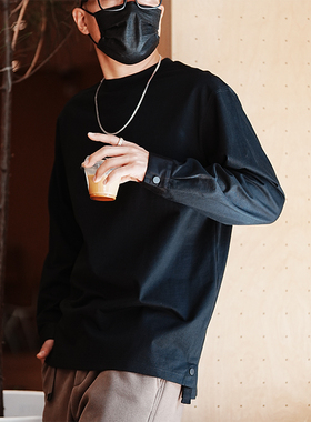 港风潮牌衬衫袖口白色纯棉男士长袖t恤春秋小众高级感打底衫上衣