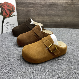撤柜处理厚底内增高勃肯鞋女头层磨砂牛皮加绒包头半拖棉鞋女外穿
