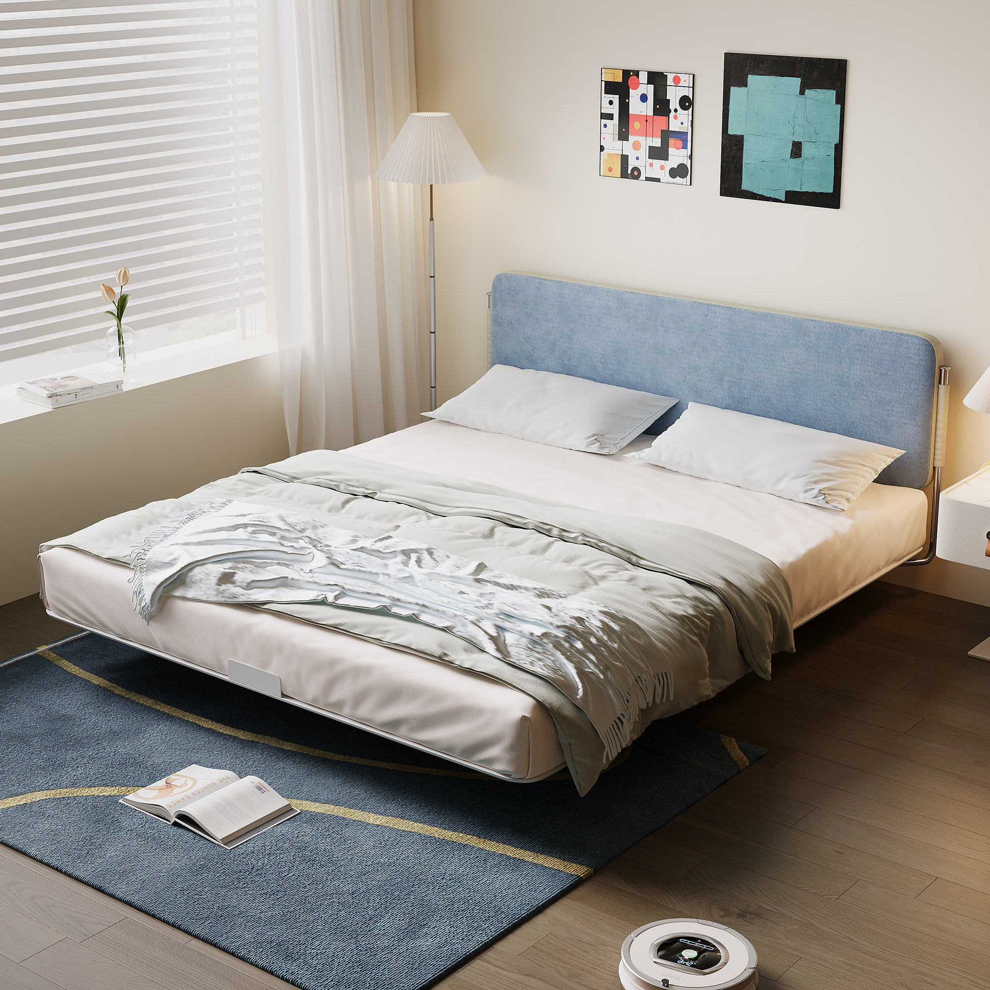现代简约小户型卧室超薄床头靠背可拆洗布艺床碳素钢悬浮齐边床