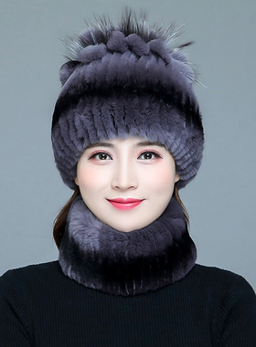 皮草帽子韩版冬天女保暖围脖妈妈中老年人加厚獭兔毛帽子女秋冬季
