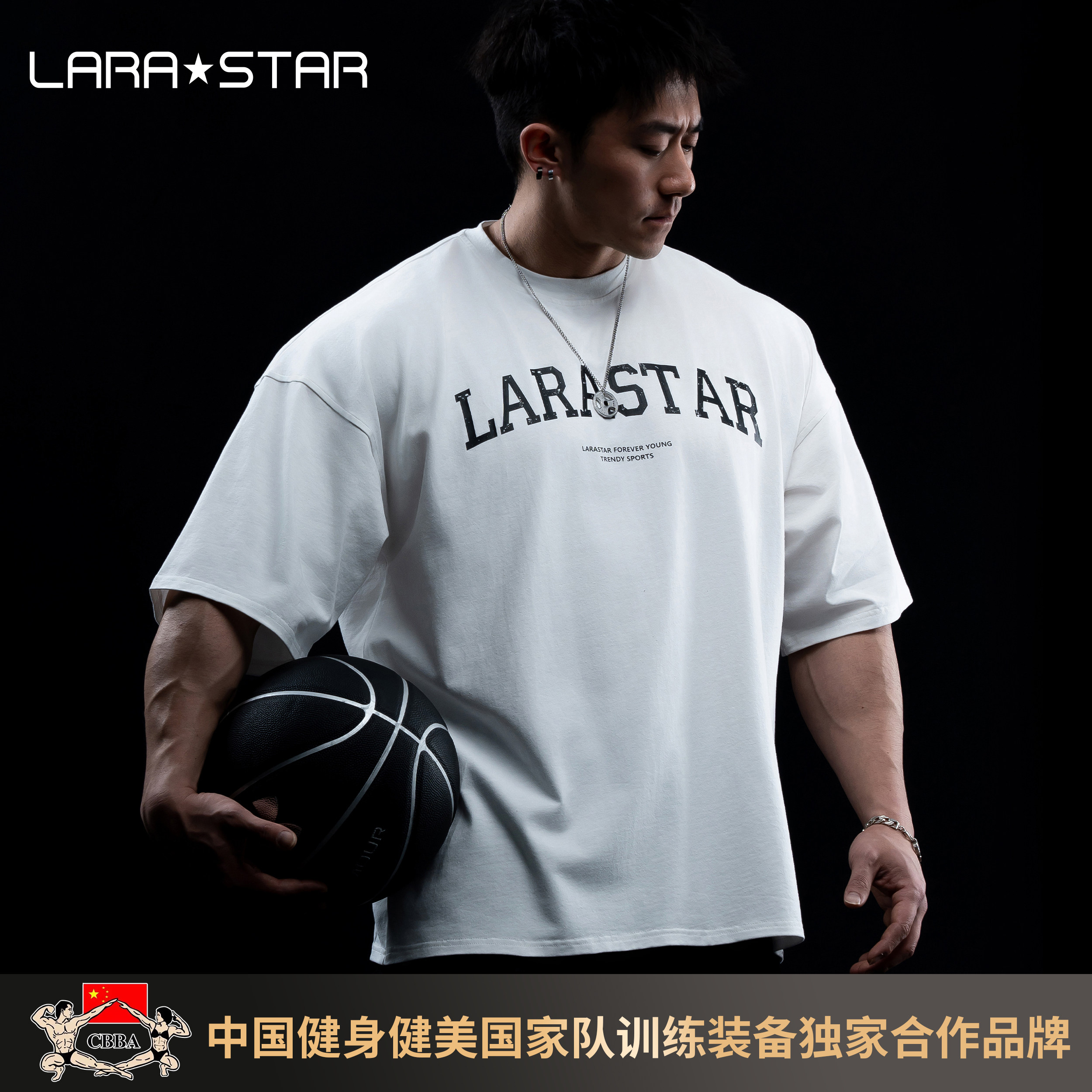 劳拉之星1098落肩宽松重磅纯棉健身短袖t恤宽松短袖男训练上衣