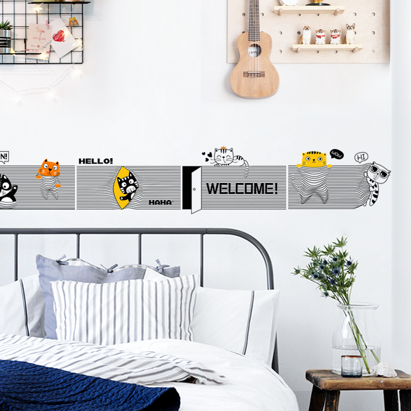 墙贴装饰创意个性猫咪腰线贴纸宿舍房间改造墙纸自粘3d立体墙贴画图片