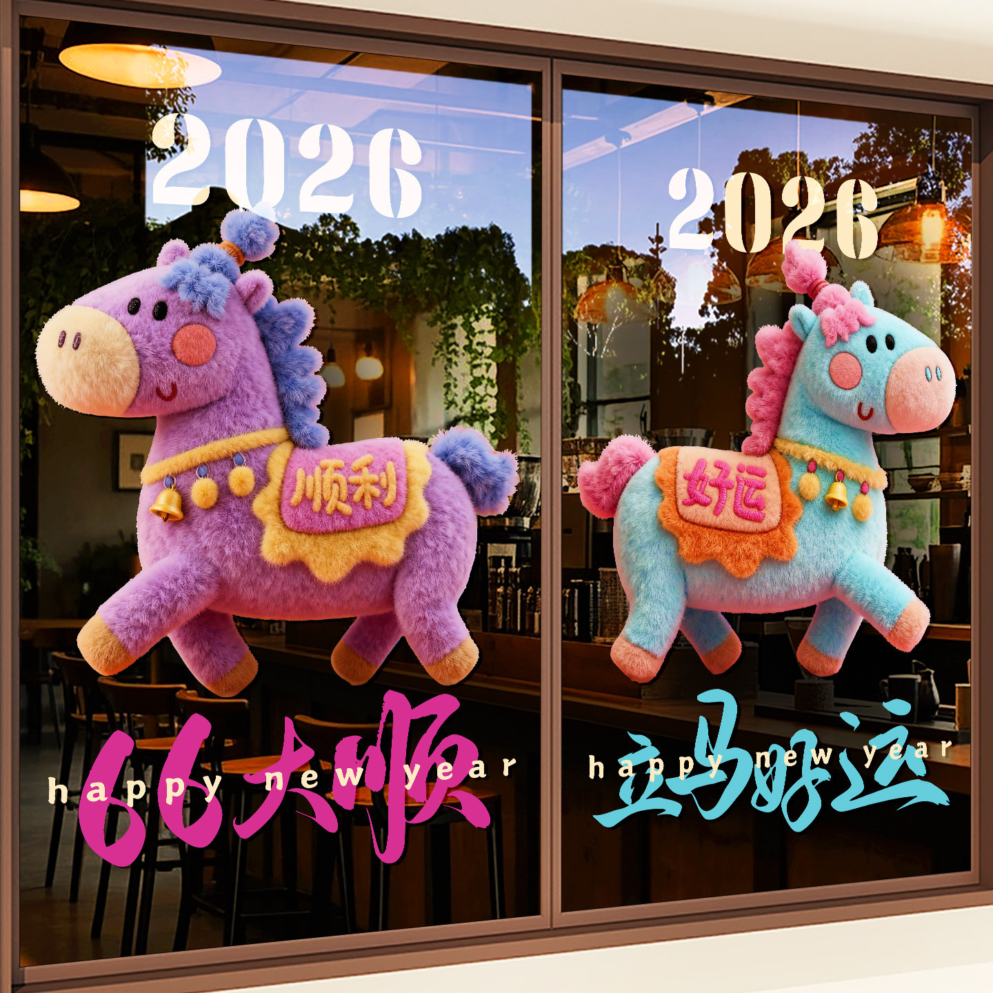 2026年马年新年装饰窗花贴画店铺店内氛围布置橱窗贴元旦春节门贴