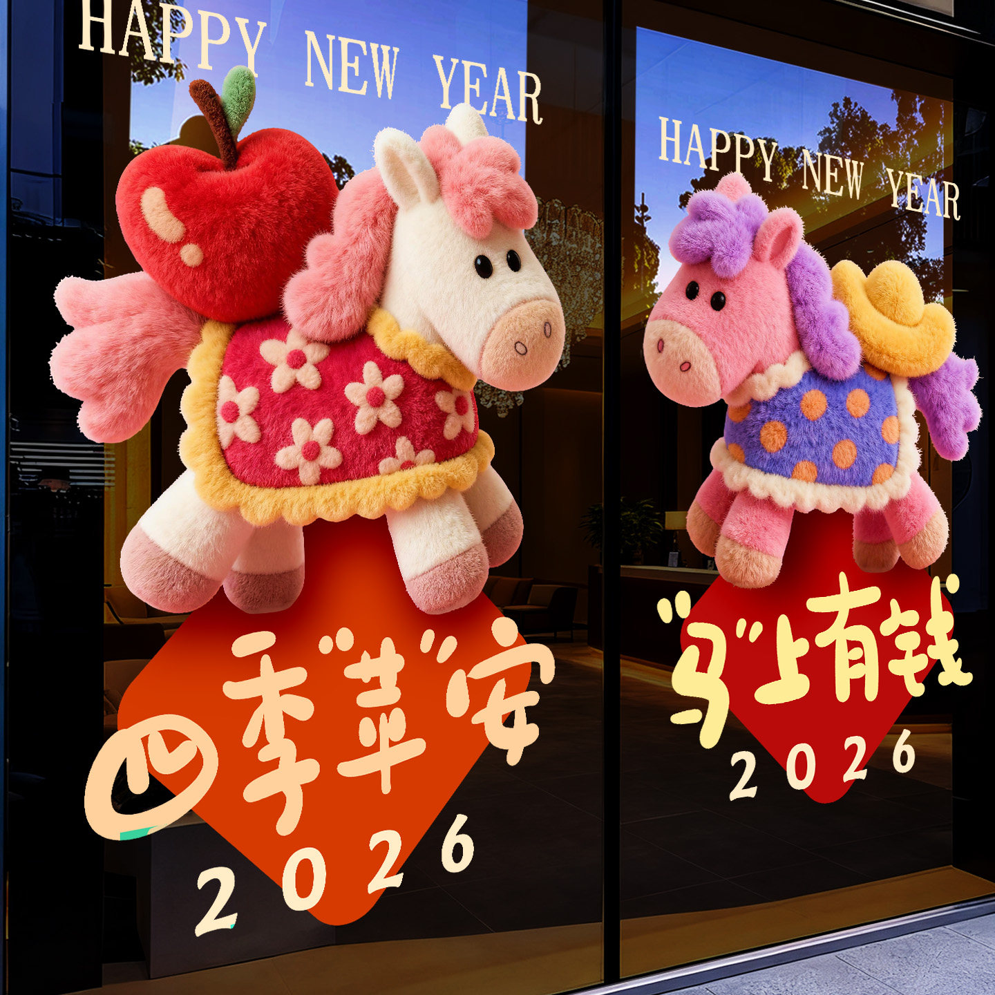 2026新年装饰玻璃贴纸马年节日布置卡通毛绒可爱马门贴纸静电窗花,家居饰品,软装墙贴,淘宝优惠券,粉丝福利购,淘宝优惠卷