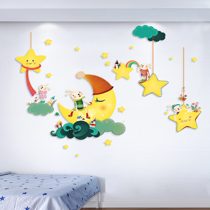 婴儿房床头墙面装饰卡通星星月亮自粘墙纸画床靠墙布置温馨墙贴纸