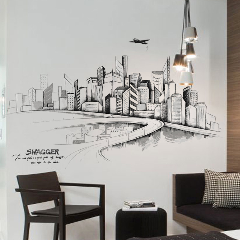 大型时尚现代素描手绘城市都市建筑客厅装饰品墙贴纸店铺简约贴画