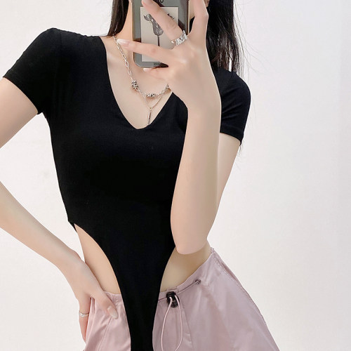 性感v领弹力紧身显瘦露腰连体衣