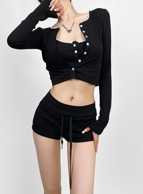 ZRSHOP 美式辣妹运动休闲针织套装简约百搭吊带短裤收腰短款上衣