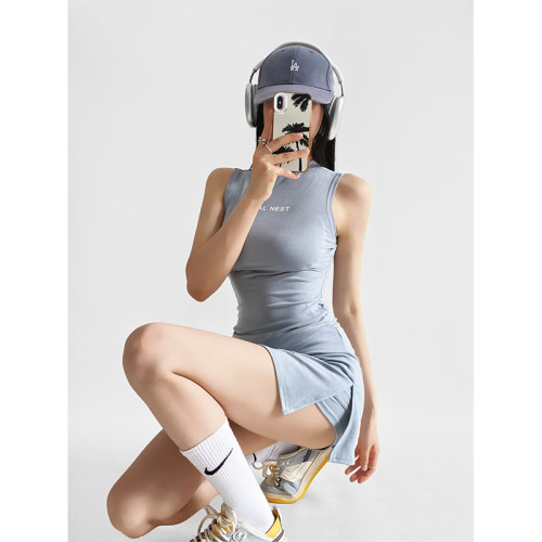 运动背心女高腰A字打底短裙套装