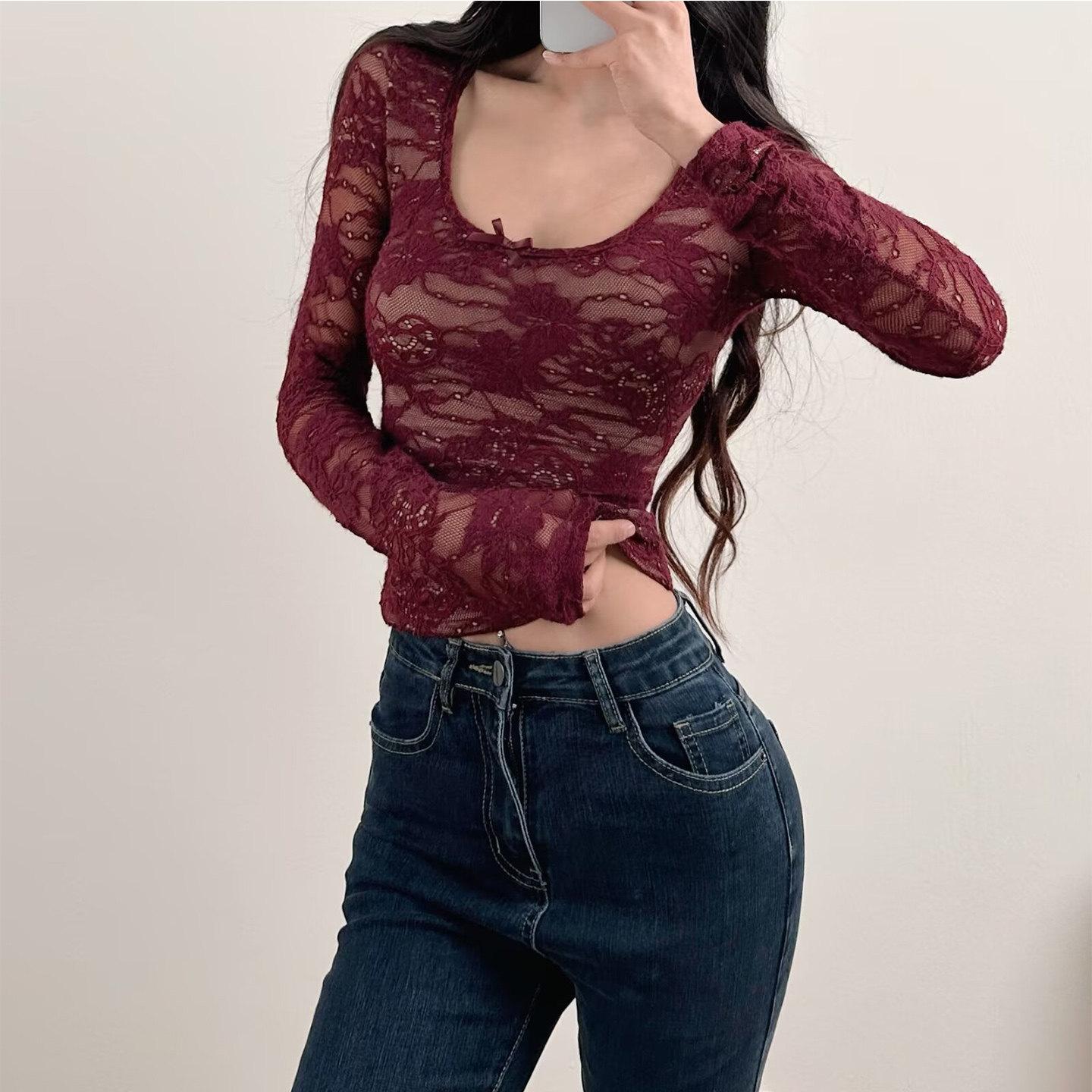 ZRN性感蕾丝长袖打底衫修身显瘦