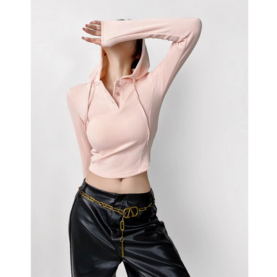 甜酷辣妹风修身短款连帽卫衣